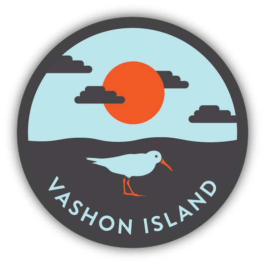 Circular sticker with a bird, sun, and clouds design, featuring 'Vashon Island'.