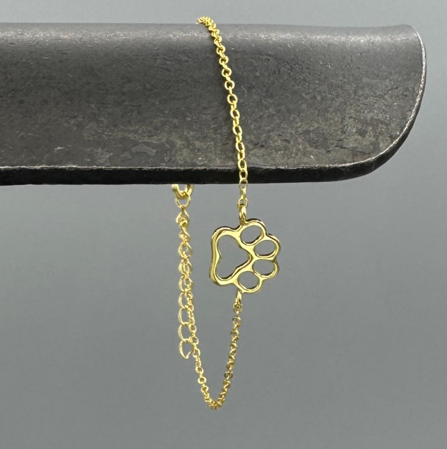Gold chain with a paw print pendant on a gray background