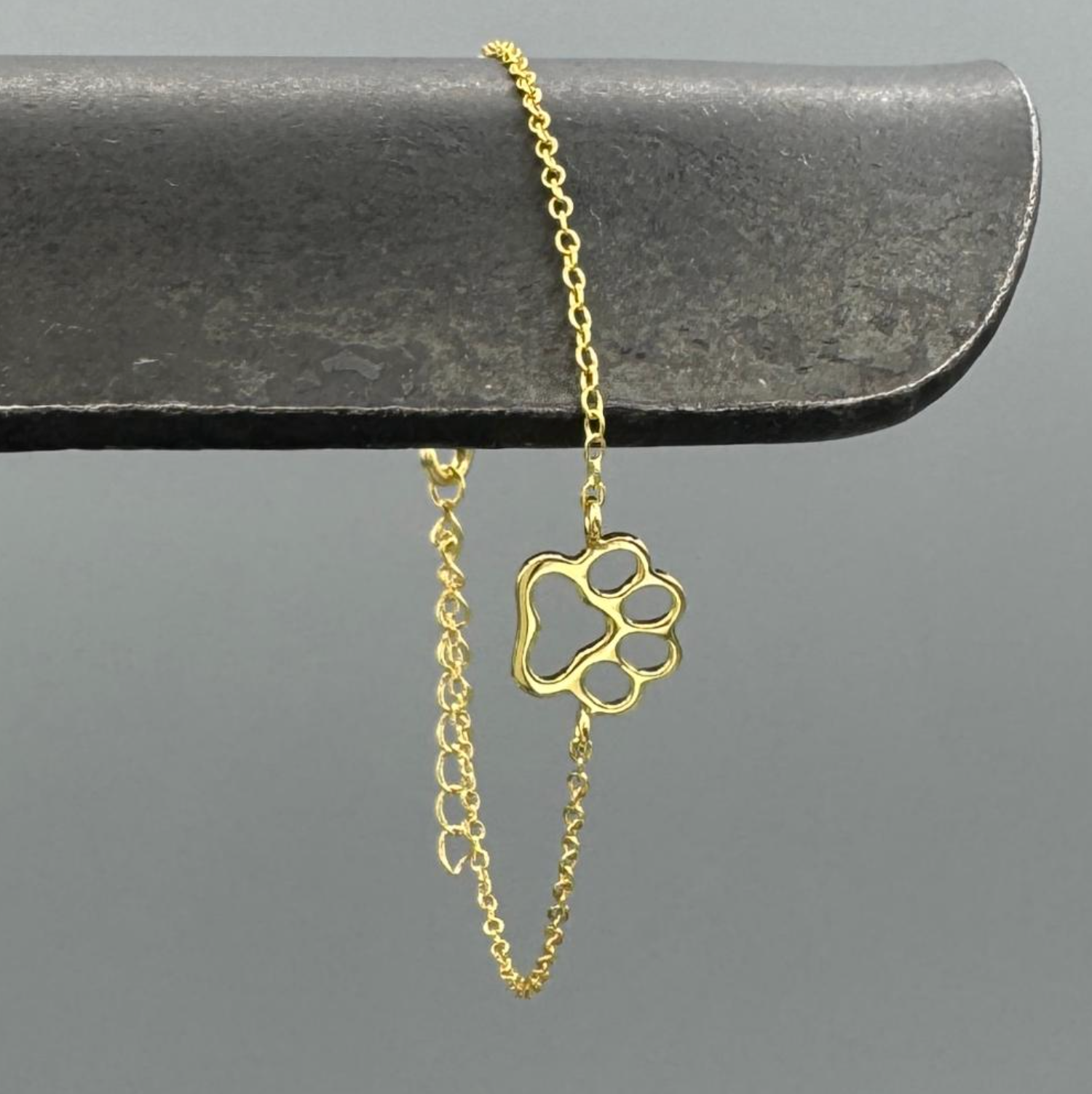 Gold chain with a paw print pendant on a gray background