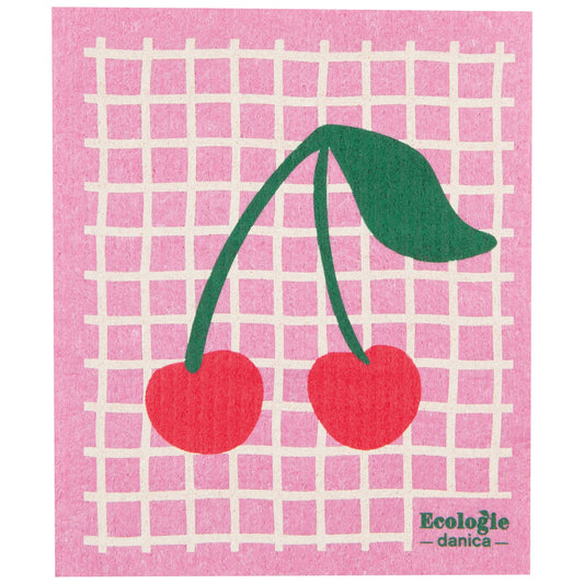 Multitasking Swedish compostable dishcloths with cherry graphic