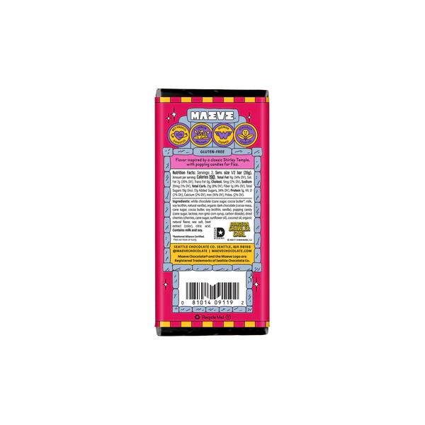 Back view of a pink chocolate bar packaging with brand logo and text on a white background