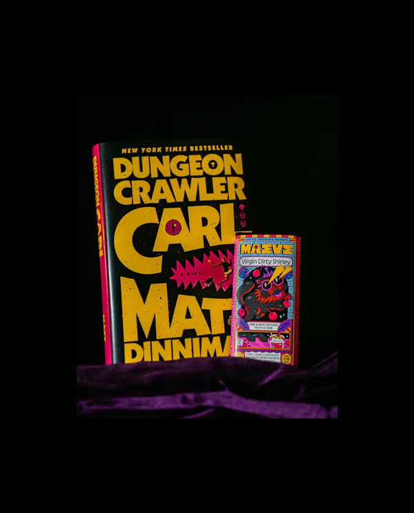 Book titled 'Dungeon Crawler' by Carl Mat Dinniman with a small figurine on a dark background