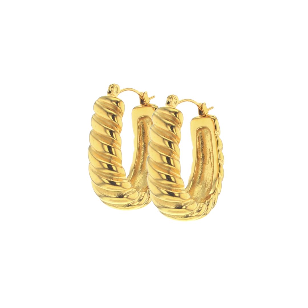 Medium sized U-shaped gold hoop earrings in a  scallop pattern.