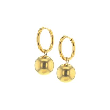 Small gold hoop earrings with a large gold bead dangling from them