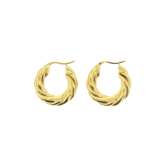 Medium sized gold hoo earrings in a twist design