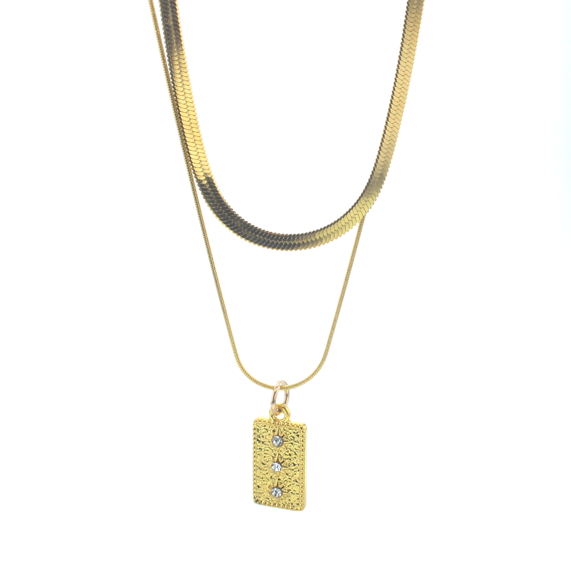 Pair of goldtone chains. Longer chain has a rectangular pendant with faceted clear stones