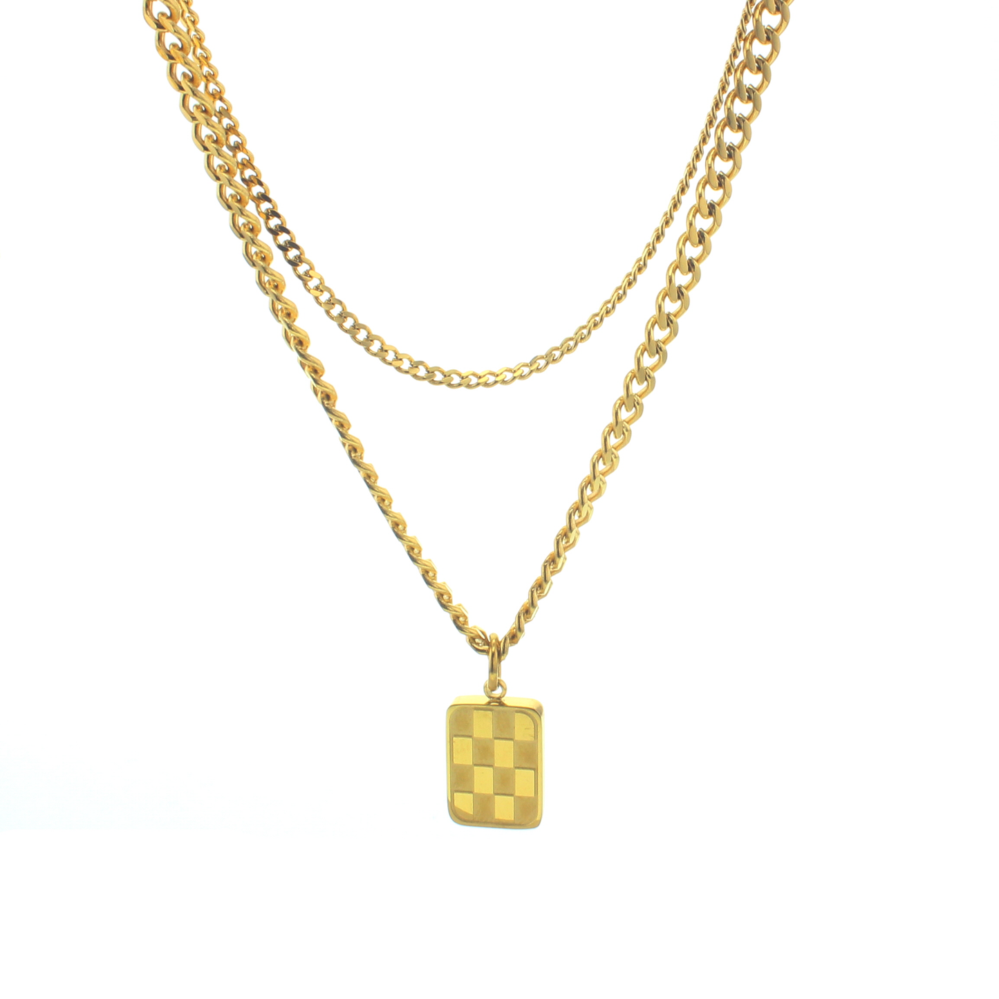 Paire of goldtone chains, longer chain has a rectangular checkerboard pendant