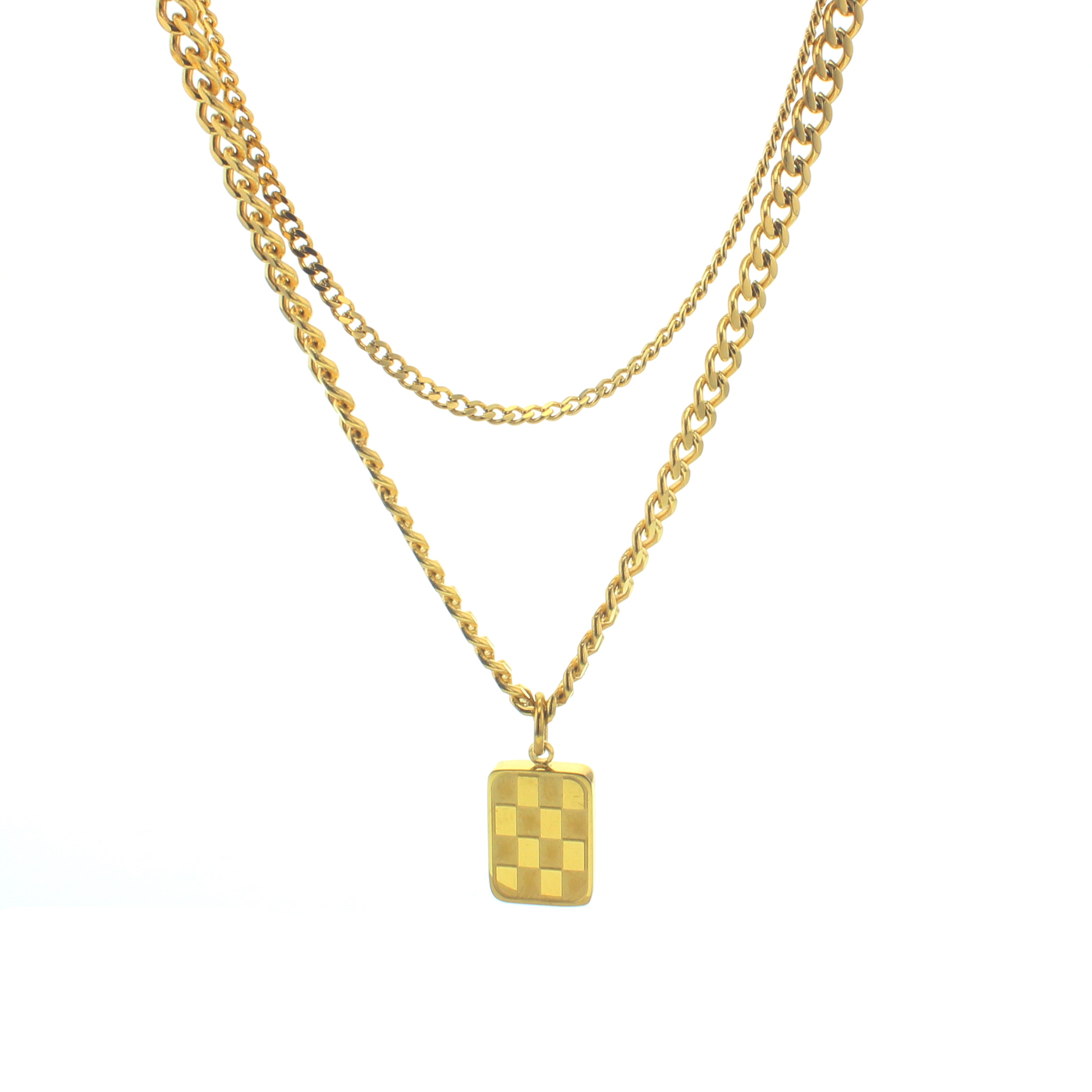 Paire of goldtone chains, longer chain has a rectangular checkerboard pendant