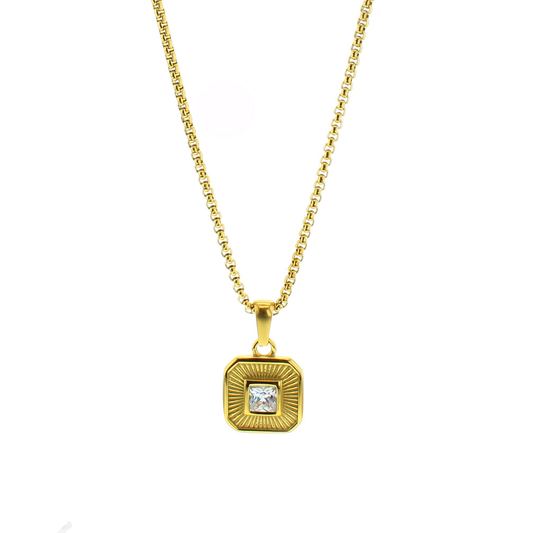 Goldtone necklace with a square gold  and diamond-like pendant 