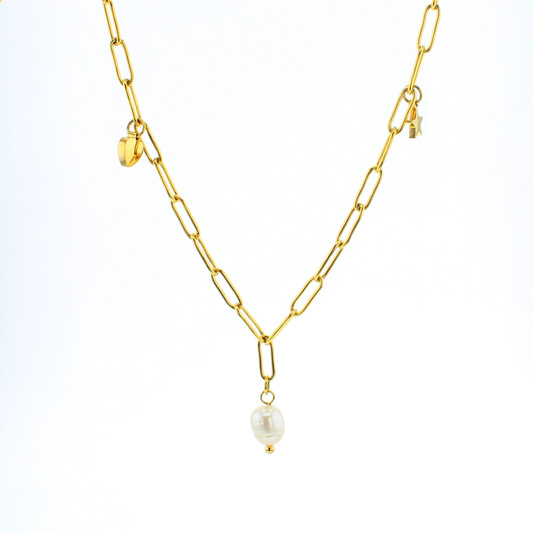 Goldtone chain with a scattering of charms- a heart, a star, a freshwater pearl