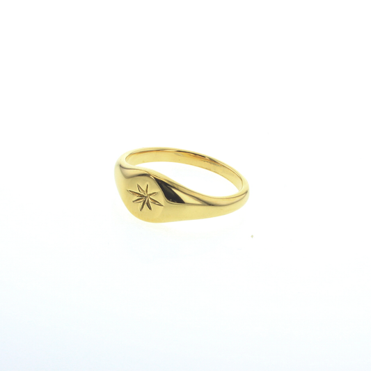 Small goldtone ring in a signet style with a small eight point star