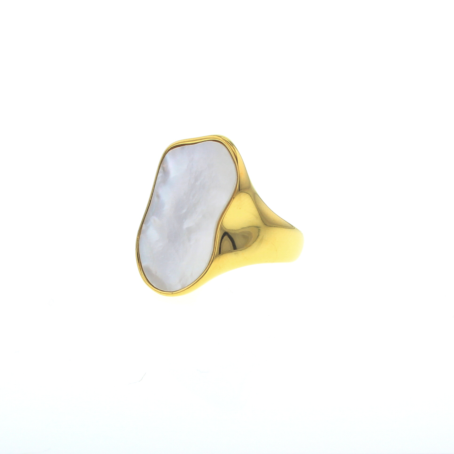 Large organic shaped goldtone ring with a mother-of-pearl-like stone
