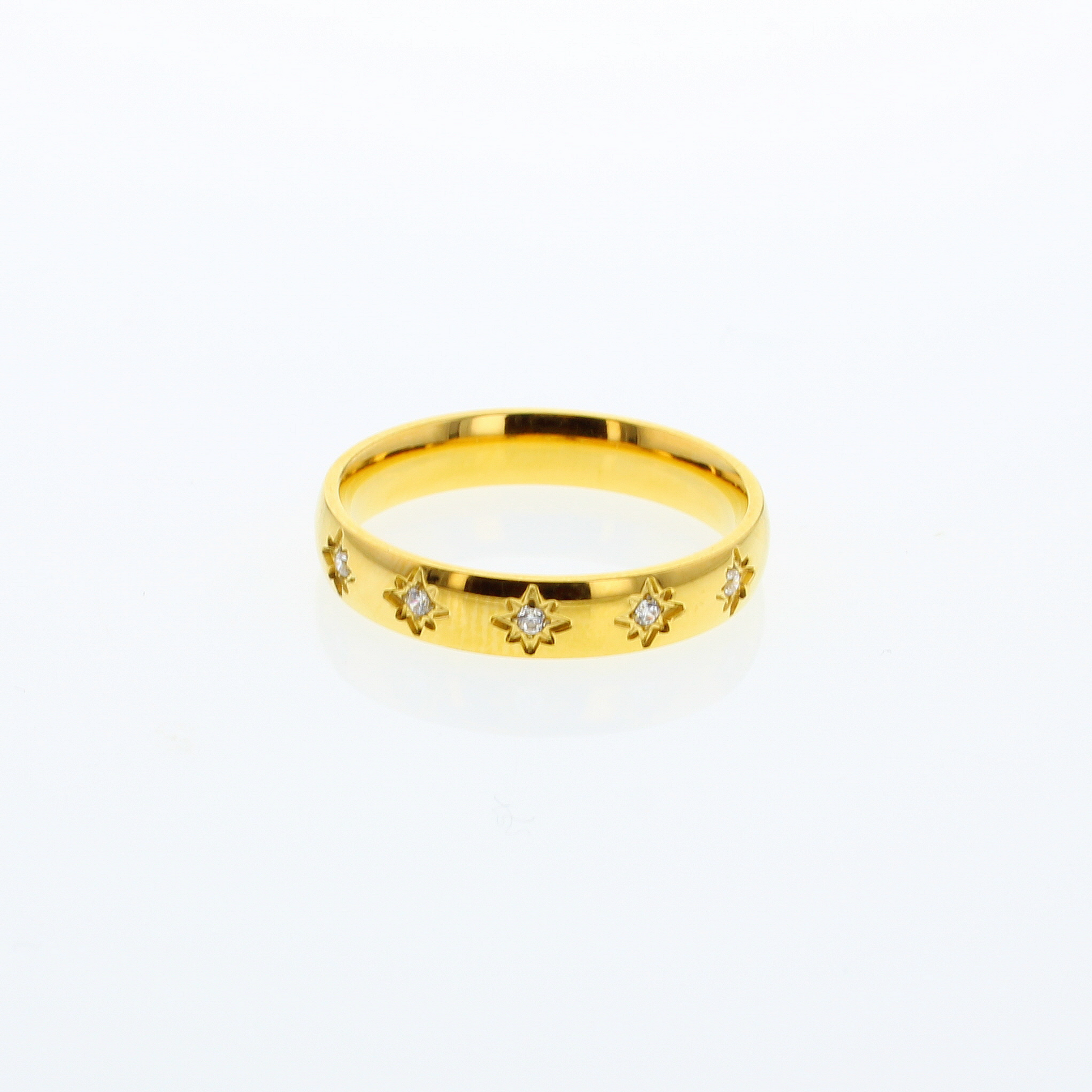 Goldtone  band style ring with small faceted clear "stone" stars