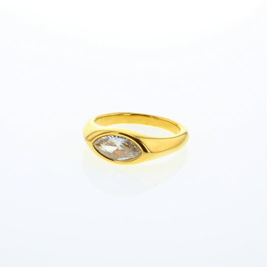 Goldtone ring with a large clear faceted "stone" in an eye shape.