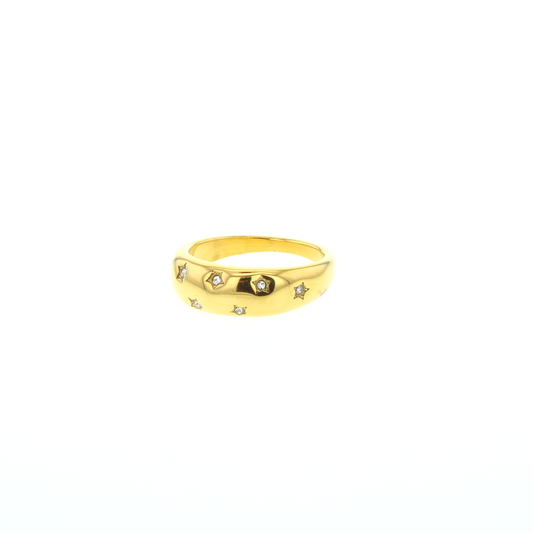 Dome shaped goldtone ring with a scattering of 5 point clear faceted "stone" stars