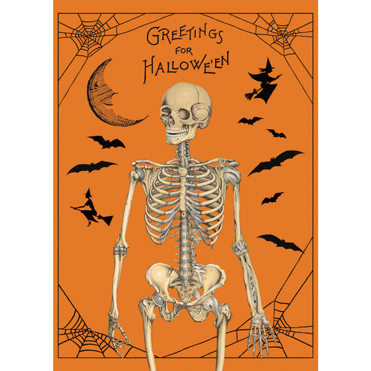 orange poster with "greetings for halloween" and a skeleton with bats and spider webs