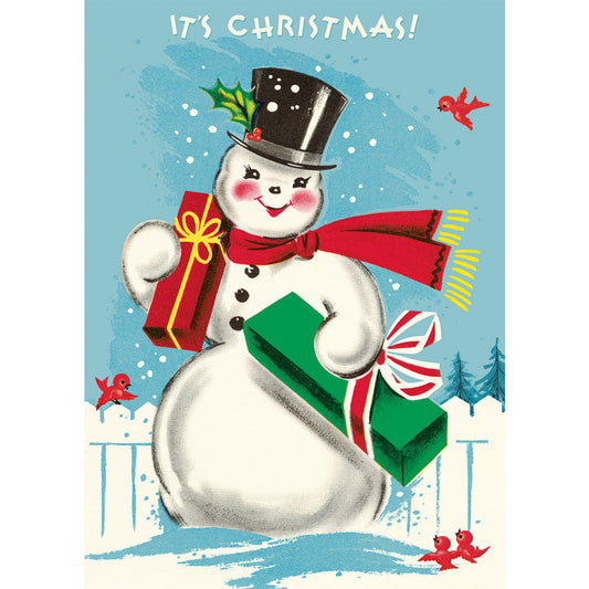 poster of snowman with scarf andhat, holding presents, text reads "it's Christmas!"