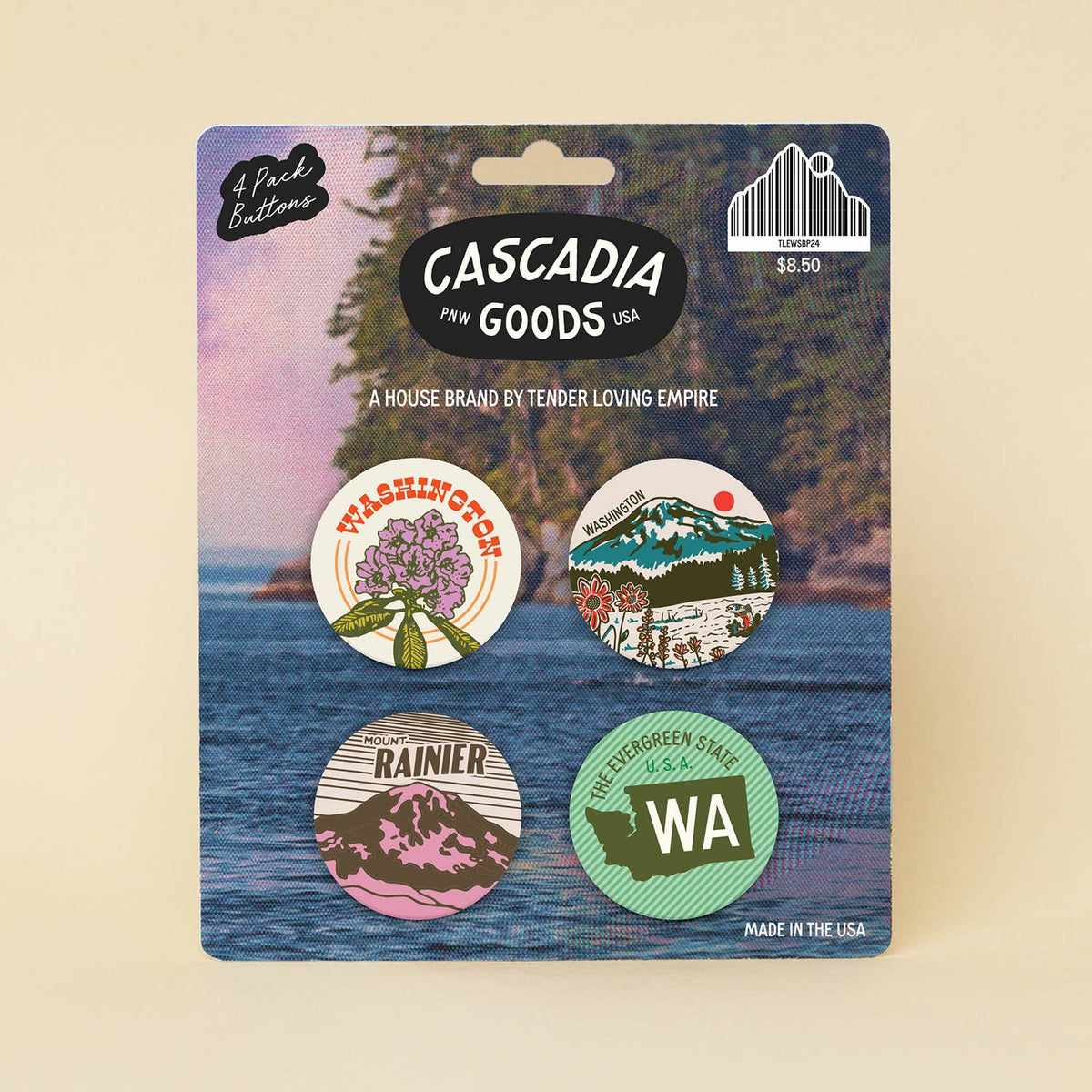 Pack of buttons with nature-themed designs by Cascadia Goods on a scenic packaging background.