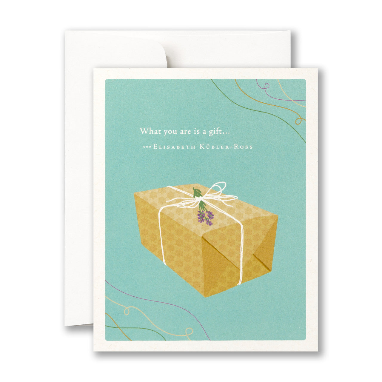 Greeting card with a wrapped gift illustration and a quote on a light blue background