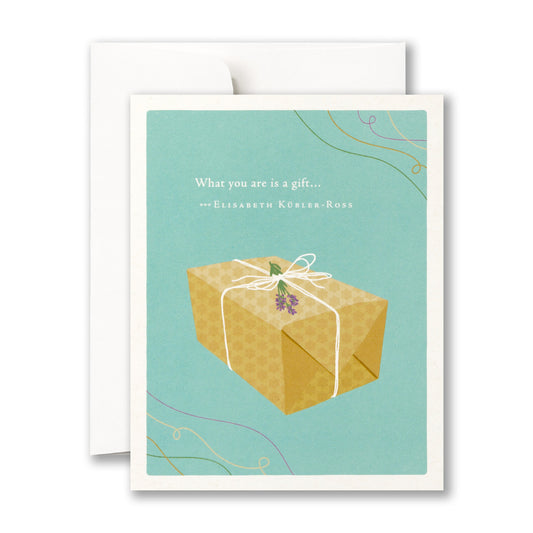 Greeting card with a wrapped gift illustration and a quote on a light blue background