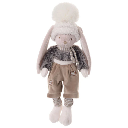 Plush toy rabbit wearing a sweater and shorts with a winter hat adorned with a HUGE pompom