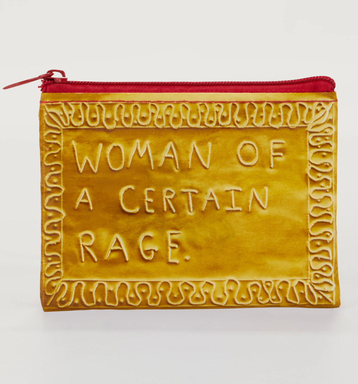 Yellow coin pouch with 'Woman of a Certain Rage' text on a white background