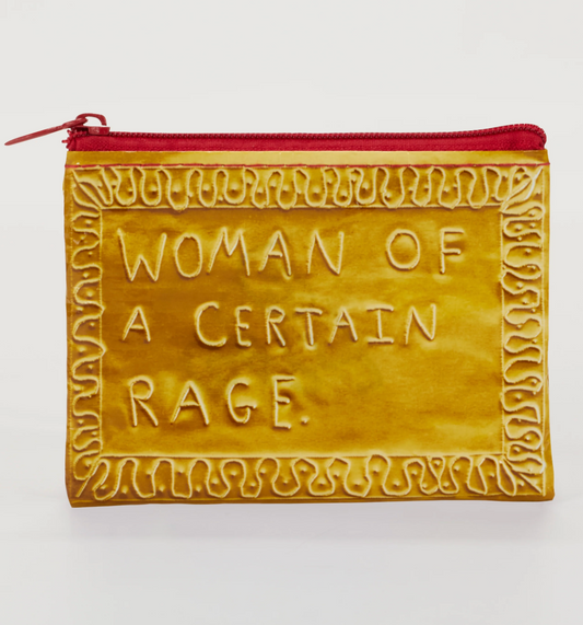 Yellow coin pouch with 'Woman of a Certain Rage' text on a white background