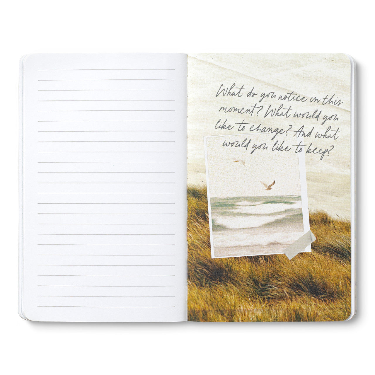 Sample of inspirational art in notebook is a beach scene that says "What do you notice in this moment? What would you like to change? And what would you like to keep?"