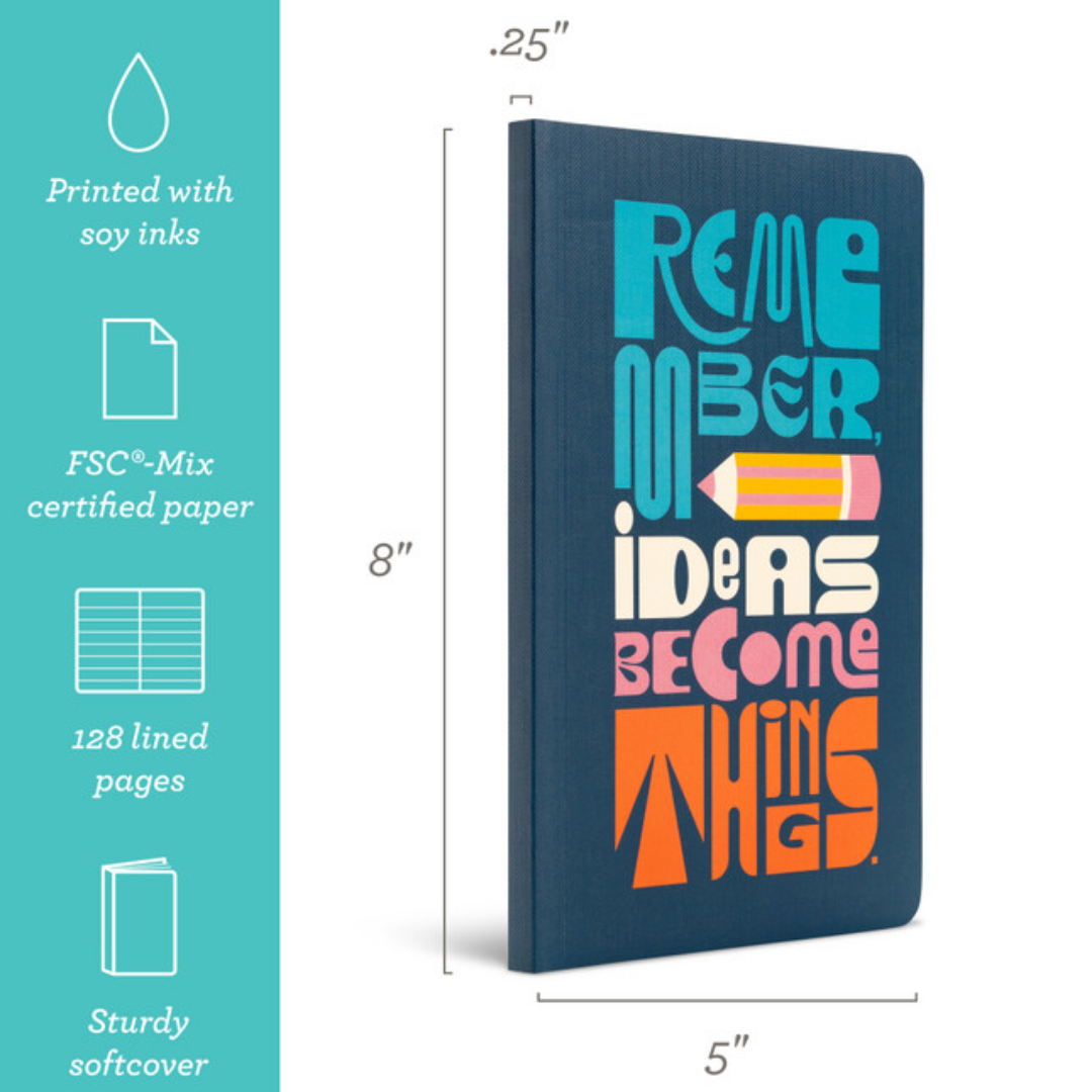 Journal with measurements 8" h x 5" w x .25" d and an turquoise info bar along the right side "Printed with soy inks/ FSC-Mix certified Paper/ 128 lined pages/ Sturdy softcover"