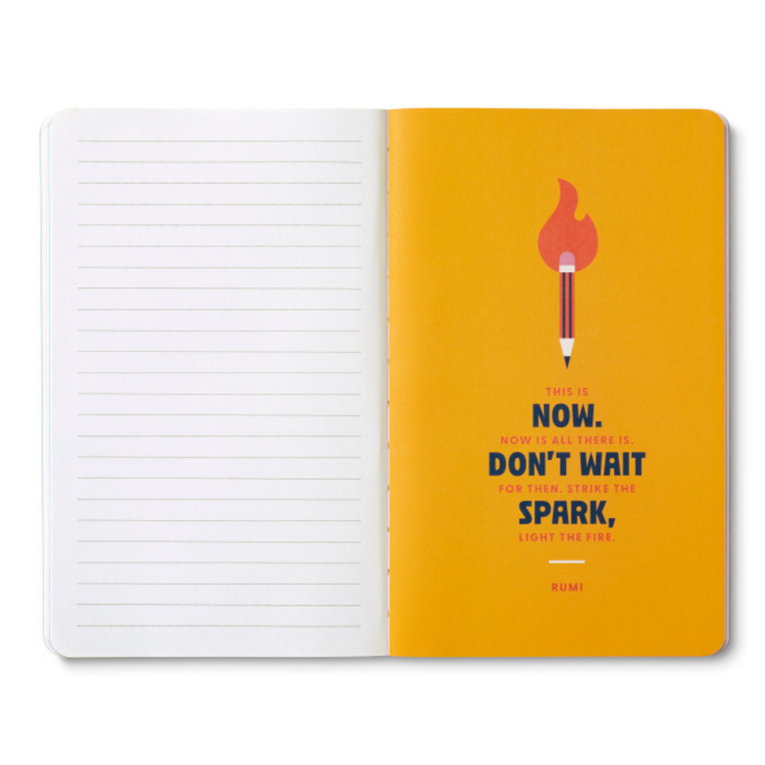 One of 8 breakout pages in bright orange featuring a flaming, match-like pencil, and "This is now. Now is all there is. Don't wait for then. Strike the spark, light the fire. - RUMI"
