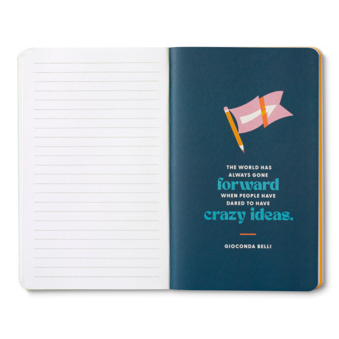 One of 8 breakout pages - Navy background featuring a pencil with a pink arrow flag flying from it and "The world has always gone forward when people have dared to have crazy ideas. - Gioconda Belli"