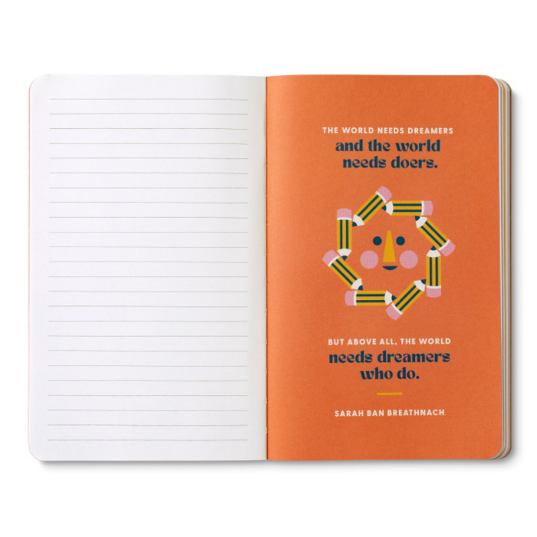 One of 8 breakout pages- Dark orange background featuring a smiling sun made of pencils "The world needs dreamers and the world needs doers. But above all the world needs dreamers who do. - Sarah Ban Breathnach"