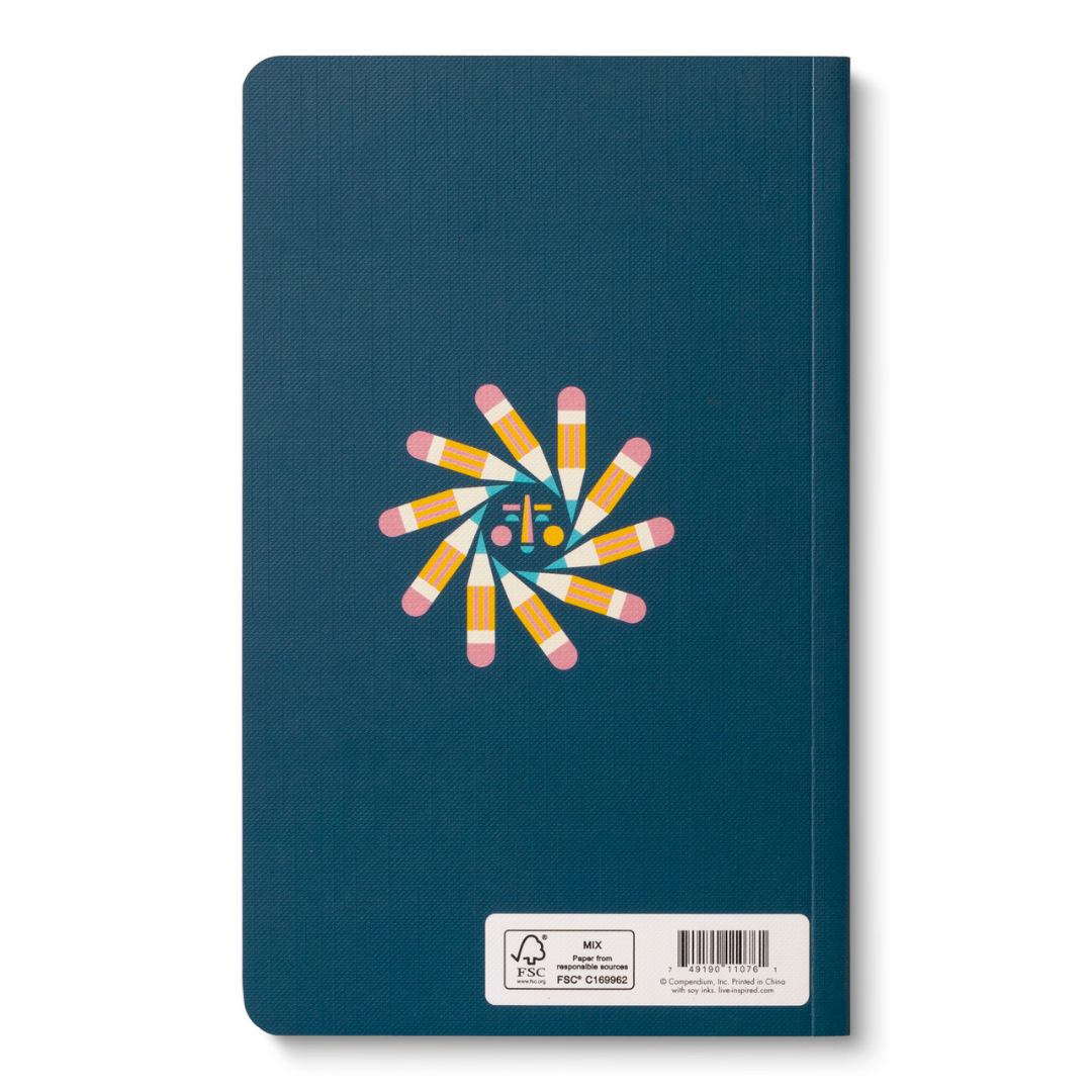 Back cover of the journal, navy with a mod looking daisy made of pencils with a smiling face.