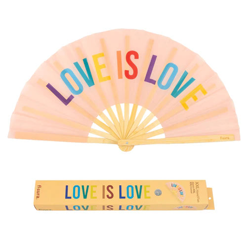 Open hand fan is peach and says "Love is Love" in rainbow colors
