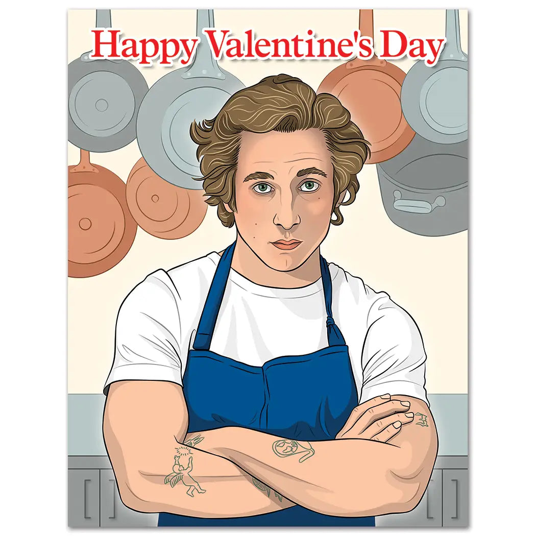Valentine's Day card with a chef wearing a blue apron and crossed arms, surrounded by hanging pots and pans.