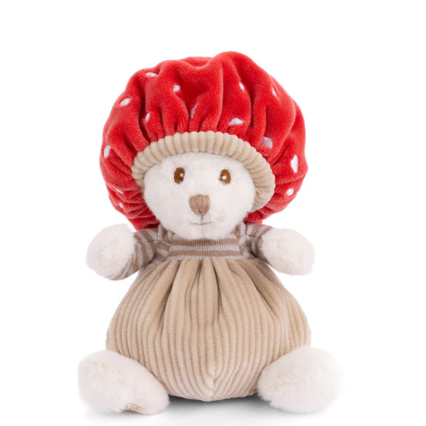 Stuffed bear with a red polka dot  mushroom cap and beige body 