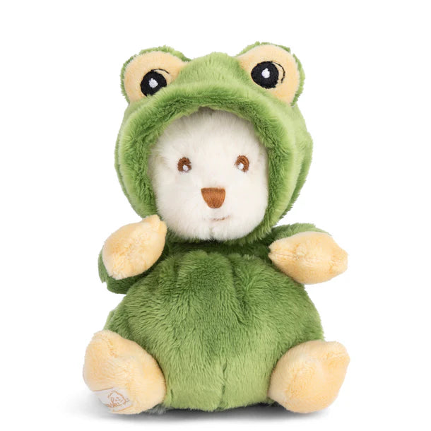 Plush toy bear wearing a green frog costume 