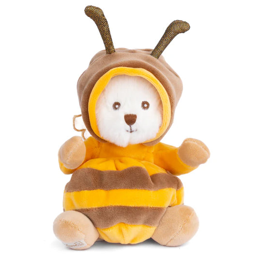 Plush toy bear wearing a bee costume on a white background