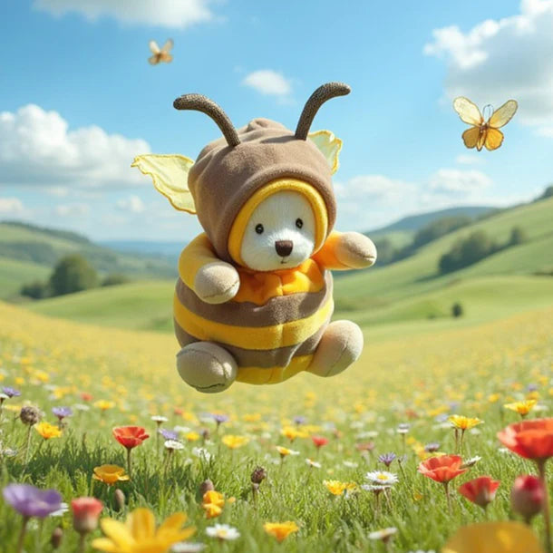Plush toy bee character in a field of flowers with a scenic background
