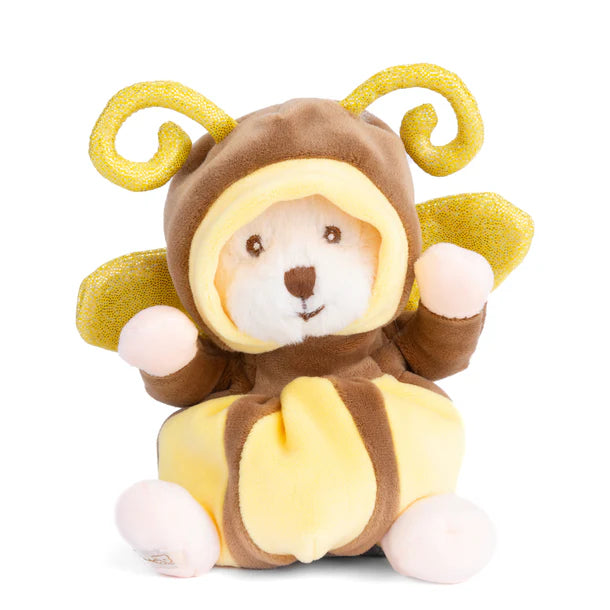 Plush toy in a bee costume with yellow wings and body on a white background