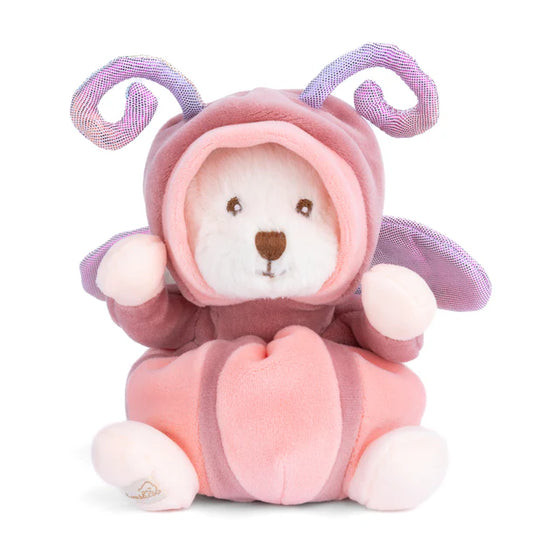 Plush Bear toy dressed in a pink butterfly outfit  on a white background