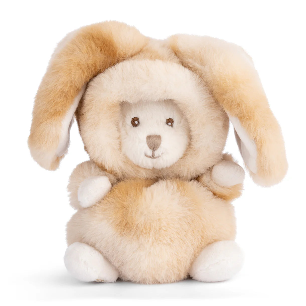 Plush toy rabbit with brown and beige fur on a white background