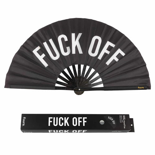 Large black hand fan that says FUCK OFF in white