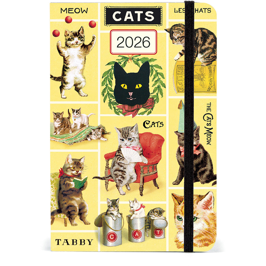 2026 Cat themed weekly planner features vintage cat illustrations against a yellow background