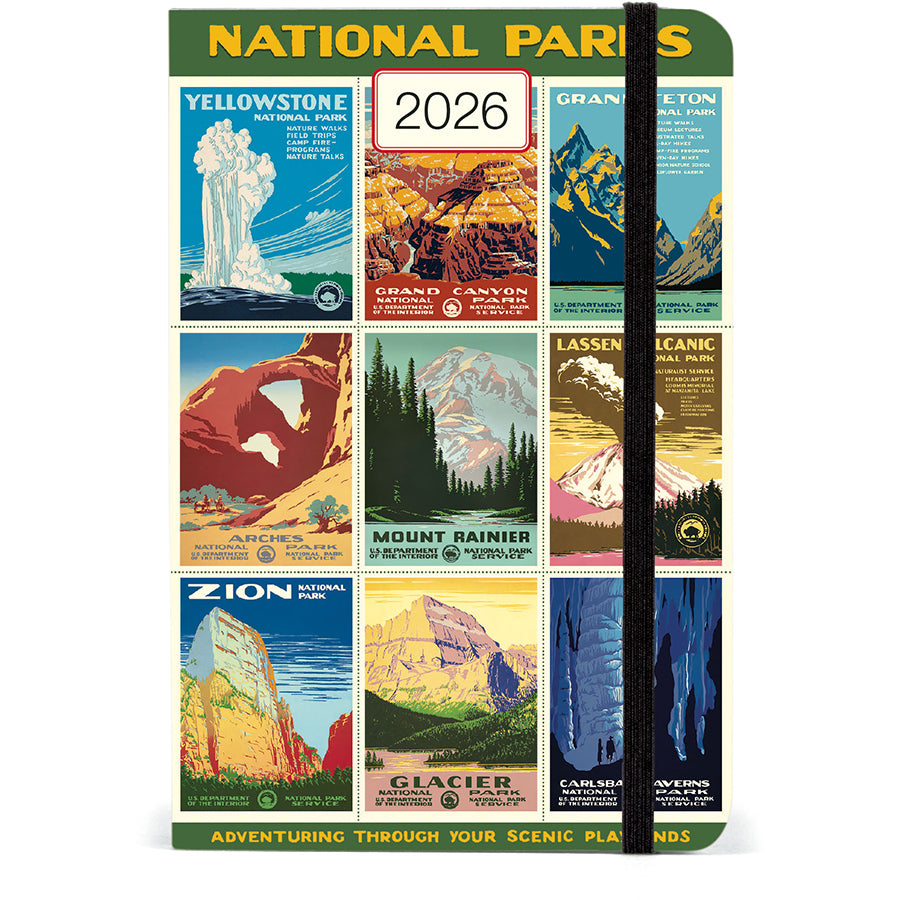 National Parks 2026 planner with colorful illustrations of various national parks
