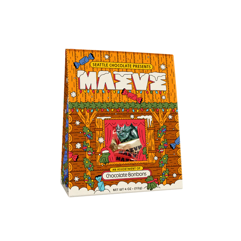 Maeve Chocolates holiday gift box is a cabin dressed for the season!