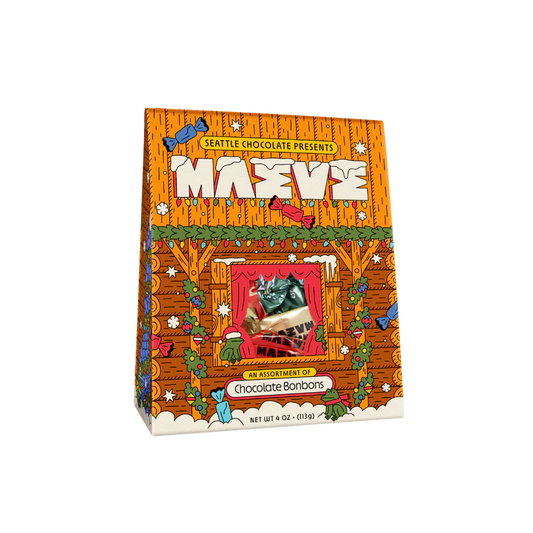 Maeve Chocolates holiday gift box is a cabin dressed for the season!