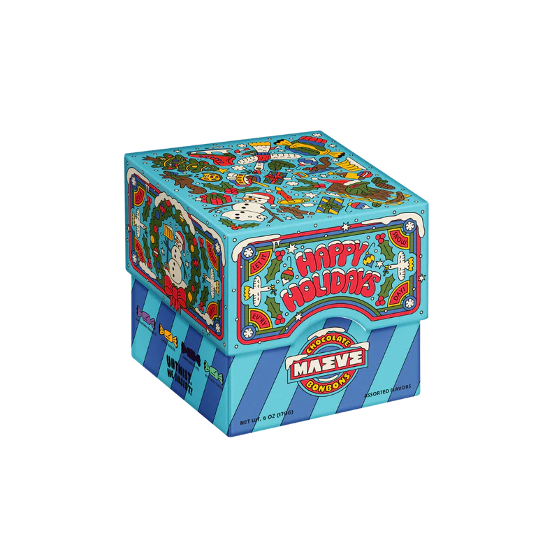 Maeve Chocolates Gift Box is brightly colored with festive pop art and says "Happy Holidays"