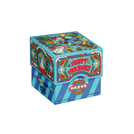 Maeve Chocolates Gift Box is brightly colored with festive pop art and says "Happy Holidays"