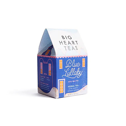 Big Heart Tea Co Blue Lullaby packaging looks like a blue house in the snow